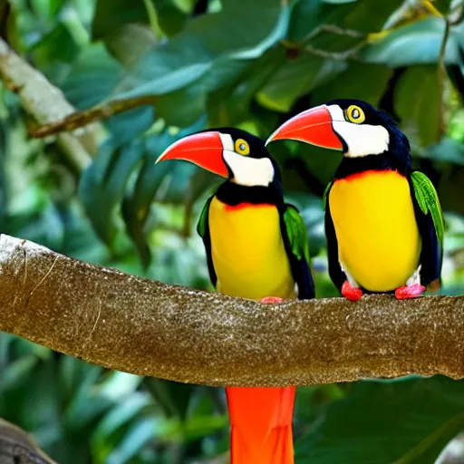 Prompt: white - breasted toucans ( ramphastos tucanus ) of gummy, lemon flavor with strawberry, cherry and orange stripes on the beak.