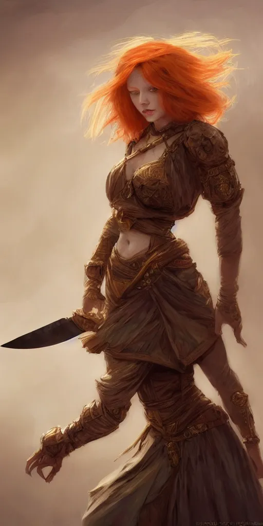 Prompt: ginger girl with problems dringing in an ancien taver and playing with a knife, magic the gathering, ancient, sand, emerald, intricate, highly detailed, digital painting, artstation, concept art, smooth, sharp focus, illustration, Unreal Engine 5, 8K, art by artgerm and greg rutkowski and alphonse mucha