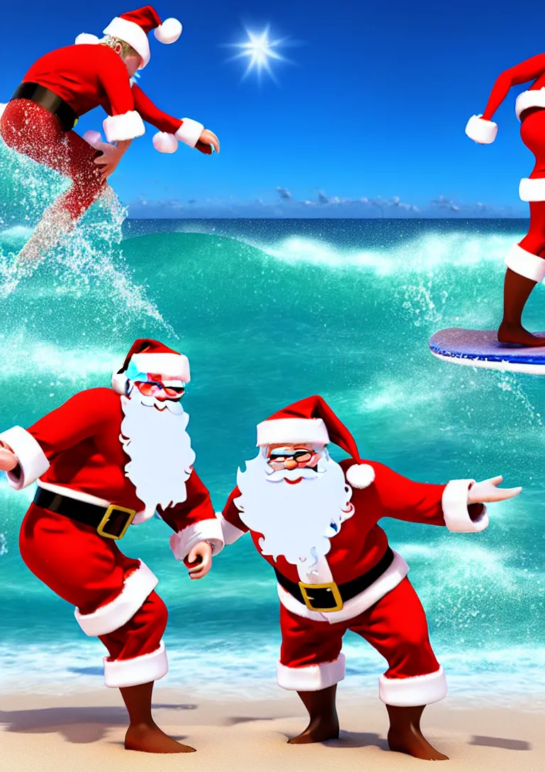 Image similar to santa claus wearing swim suit surfing on the beach, 3d rendering of photo realistic image, super detailed, 4K,cinematic look