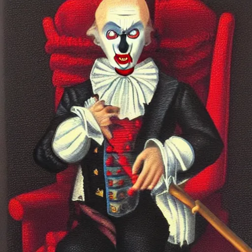 Prompt: a vampire sitting on a throne in his castle during the american revolution. he is surrounded by fine art and is wearing a bright clown emoji mask. finely detailed oil painting by john and ai