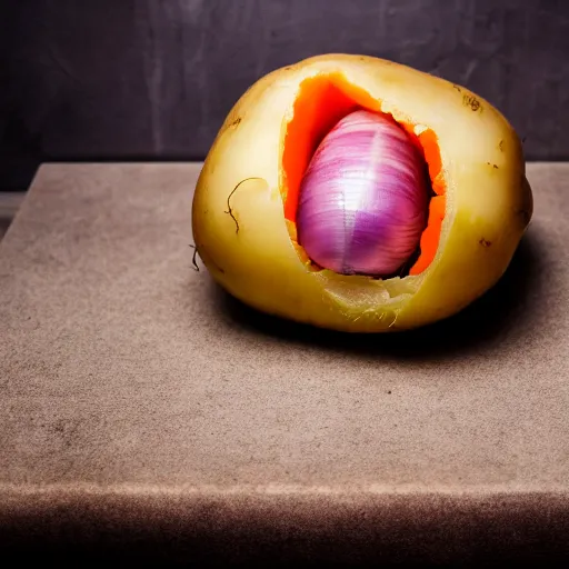 Prompt: a film still of a horror movie featuring a half peeled potato, half peeled carrot, and a red onion, high quality, photography, 8 k, award winning