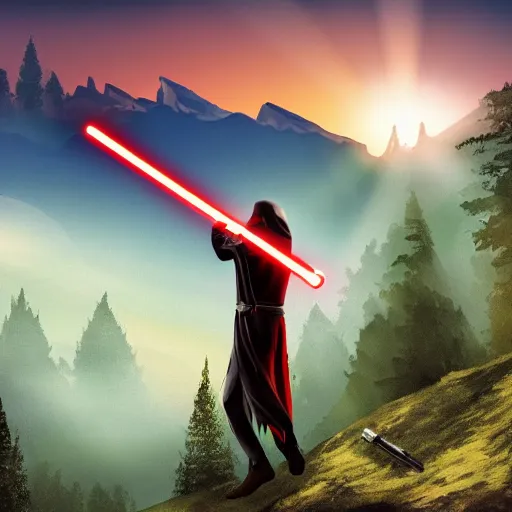 Image similar to man with a cape and holding a lightsaber, on a hill, forest and mountains in background, sunrise, highly detailed, realistic