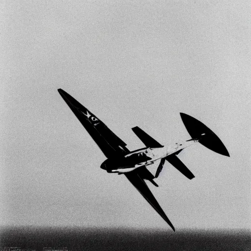 Image similar to a strangely circular bird flying in the night sky, footage from a 6 0 s fighter plane, black and white, grainy footage