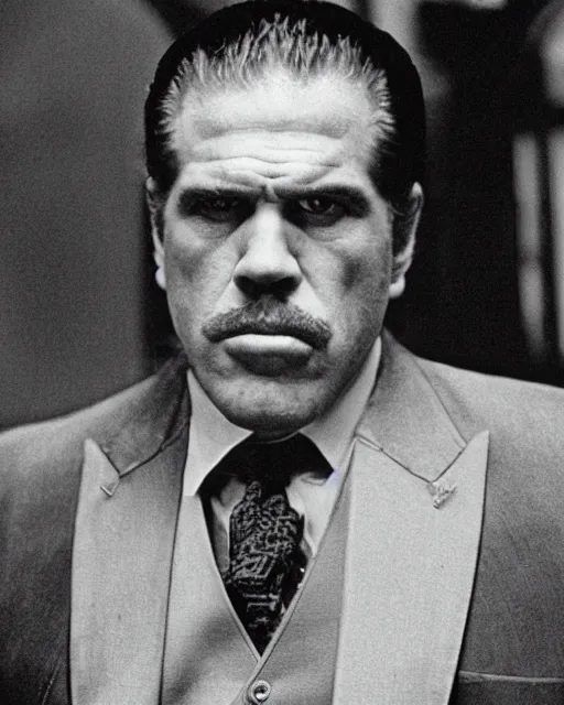 Image similar to film still close up shot of ron perlman as vito corleone from the movie the godfather. photographic, photography