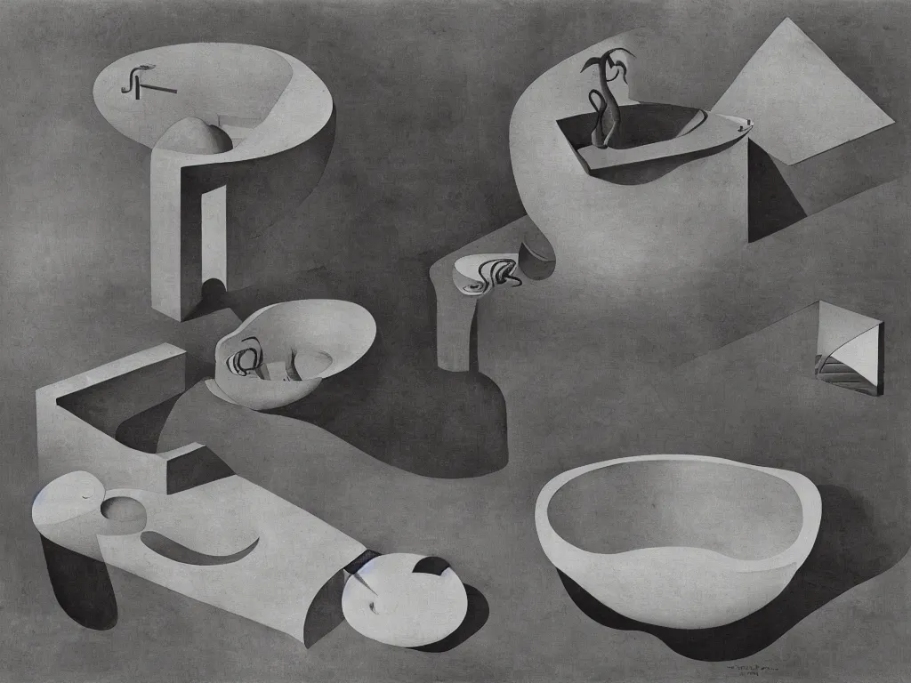 Prompt: brutalist interior with stone bathtub with polynesian mask and lily. karl blossfeldt, henri moore, salvador dali