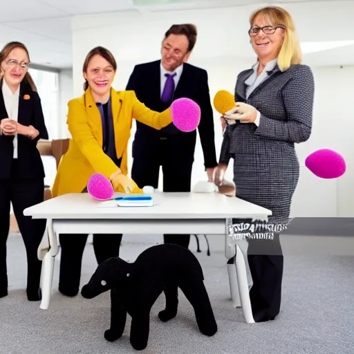 Prompt: a happy accounting firm staffed by different types of hyper-realistic felted toy mice, with a xerox machine, computers, kitchenette and conferenceroom, with a small black woolly terrier dog as the manager, colourful, playful, miniature