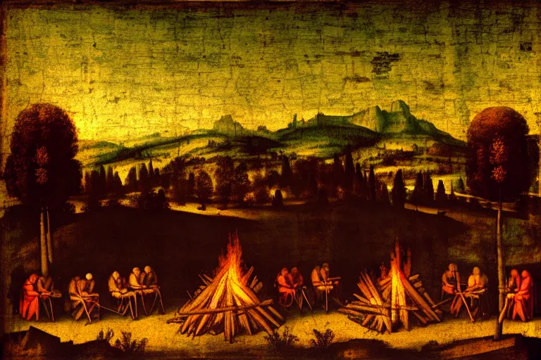 Image similar to davinci painting of a campsite with bonfire