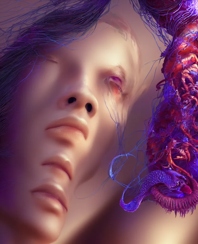 Image similar to goddess close-up portrait. orchid jellyfish phoenix head, nautilus, skull, betta fish, bioluminiscent creatures, intricate artwork by Tooth Wu and wlop and beeple. octane render, trending on artstation, greg rutkowski very coherent symmetrical artwork. cinematic, hyper realism, high detail, octane render, 8k