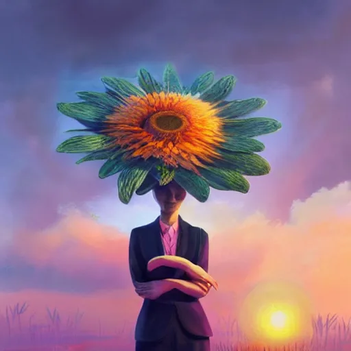 Image similar to giant daisy flower head, frontal, woman in a suit, surreal photography, sunrise, dramatic light, impressionist painting, digital painting, artstation, simon stalenhag