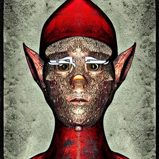 Image similar to an elf with skin made of thick, smooth steel riveted together. the elf's jaw is fastened on with nuts and bolts. digital art in the style of the industrial age.