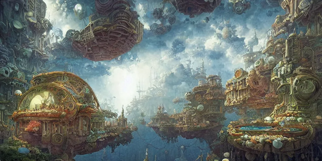 Prompt: a still frame of a floating society by hubert robert and daniel merriam and roger dean and jacek yerka, alex grey style, soft lighting, beautiful, realistic, detailed