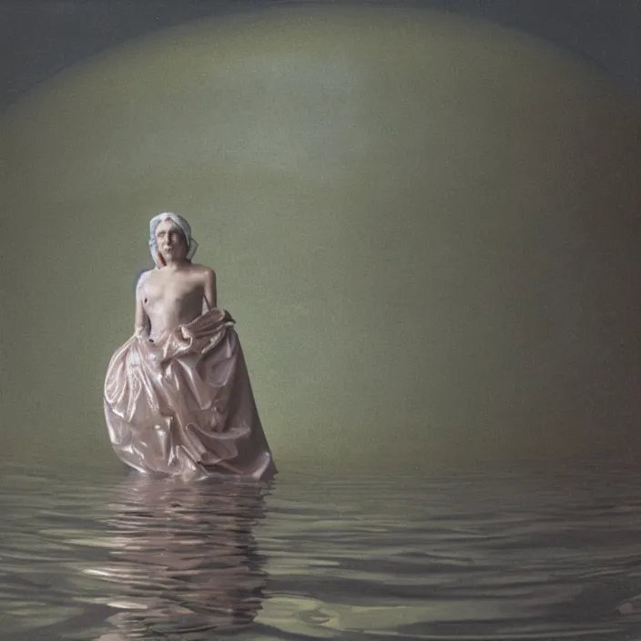 Image similar to a closeup portrait of a woman wrapped in plastic, standing in front of flooded saturn covered in water, color photograph, by vincent desiderio, canon eos c 3 0 0, ƒ 1. 8, 3 5 mm, 8 k, medium - format print