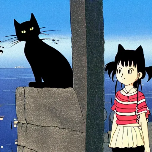 Image similar to a black cat girl looking out over a city, Miyazaki, studio ghibli