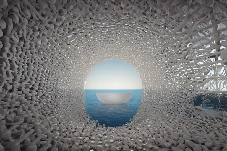 Prompt: many white spherical egg shaped spaces arranged up and down formation a cell building, by pierre bernard, on the calm lake, people's perspective, future, interior wood, marble, award winning, highly detailed 4 k art, dusk, unreal engine highly rendered, global illumination, radial light, internal environment