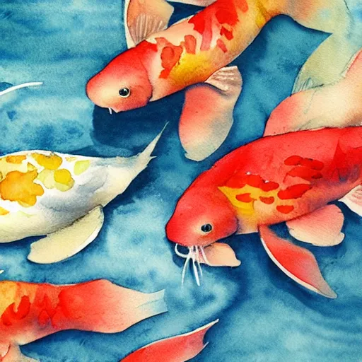 Image similar to watercolor art on paper, beautiful koi fish pond, highly detailed, artstation, masterpiece, award - winning