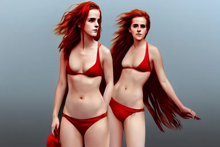 Image similar to Red-haired beauty Emma Watson in a bikini, full body, full height , highly detailed, mid-shot ,pixiv , digital painting , concept art
