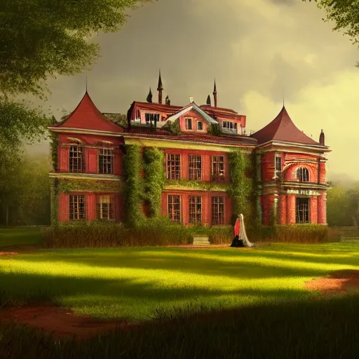 Image similar to matte painting of a countryside landscape of a noble estate with xix century manor. fantastical, elegant elaborate, red brick, opulent, verdant lawn. sharp focus, smooth detailed digital art trending in artstation