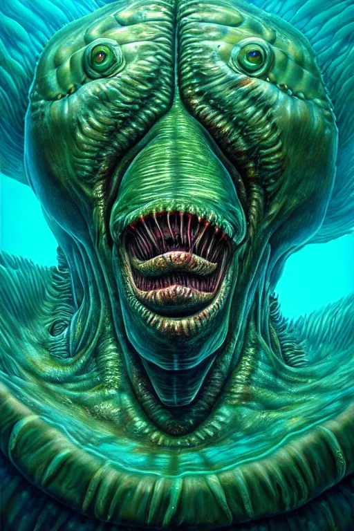 Image similar to hyperrealistic close-up surrealism underwater creature monster!! highly detailed concept art eric zener elson peter cinematic hard green lighting high angle hd 8k sharp shallow depth of field, inspired by David Paul Cronenberg and Zdzisław Beksiński