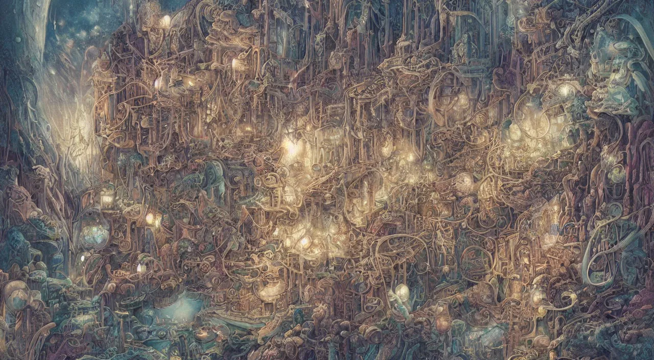 Prompt: pastel colours, don bluth, richard dadd, smooth paper with detailed line work, Mandelbulb, Exquisite detail perfect symmetrical, silver details, hyper detailed, intricate ink illustration, steampunk, smoke, neon lights, starry sky, steampunk city, liquid polished metal, by jesper ejsing