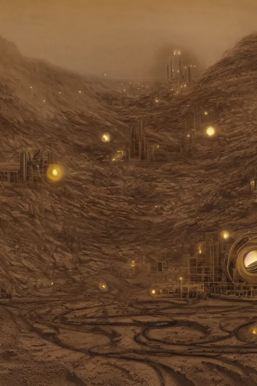 Prompt: research lab brutalist arquitecture with yellow industrial lights on in a man made stone valley in the middle of the desert of Mars planet at night dust storm concept art by yoshitaka amano and H.R. Giger, intricate detail, 8k, featured art