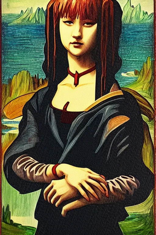 Image similar to portrait of rei ayanami from neon genesis evanglion in the style of the mona lisa painting