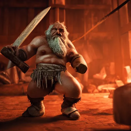 Prompt: a cinematic shot of a dwarf berserker swinging axes, fighting monsters, octane render, hyperreal, 8 k