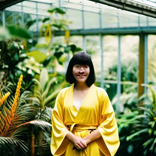 Prompt: Medium format photograph of an perfect woman wearing a yellow kimono in a tropical greenhouse, bokeh