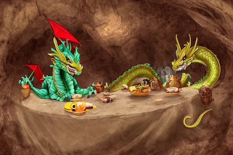 Prompt: a dragon tea party in a desert cave, digital art