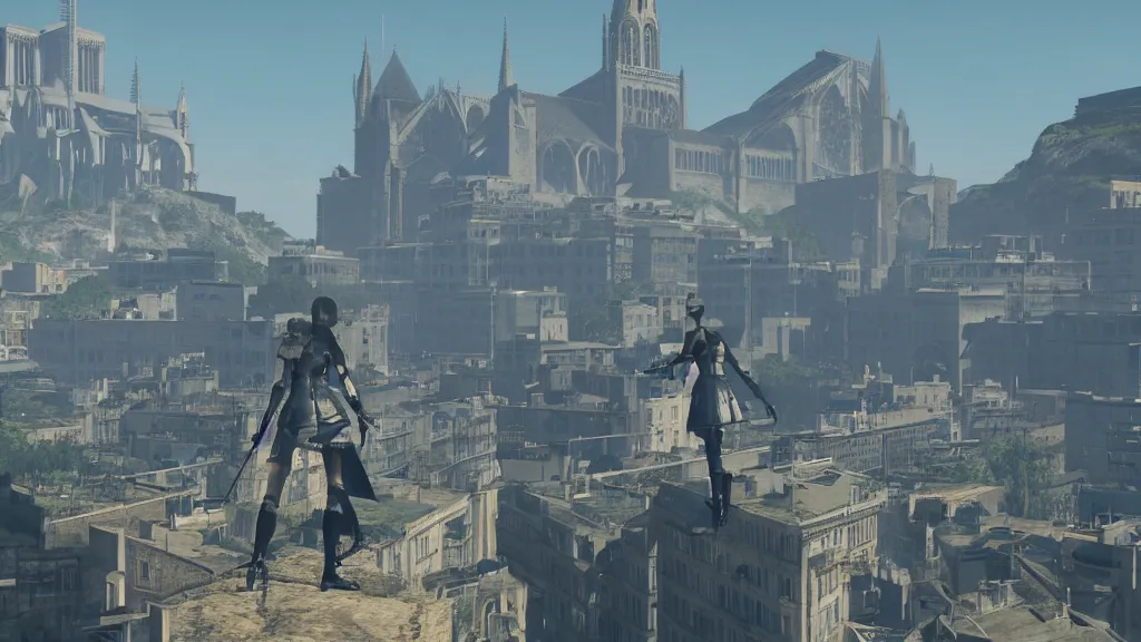 Prompt: Screenshot from Nier Automata in Marseille. In the background there is Notre-Dame de la Garde