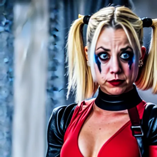 Image similar to A still of Kaley Cuoco as Harley Quinn