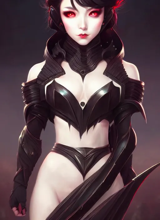 Image similar to full plate armor!!! beautiful and elegant dark hair female vampire!! gorgeous ayes!! character concept art, sharp focus, octane render! unreal engine 5! highly rendered!! trending on artstation!! detailed linework!! illustration by artgerm, wlop, and chie yoshii