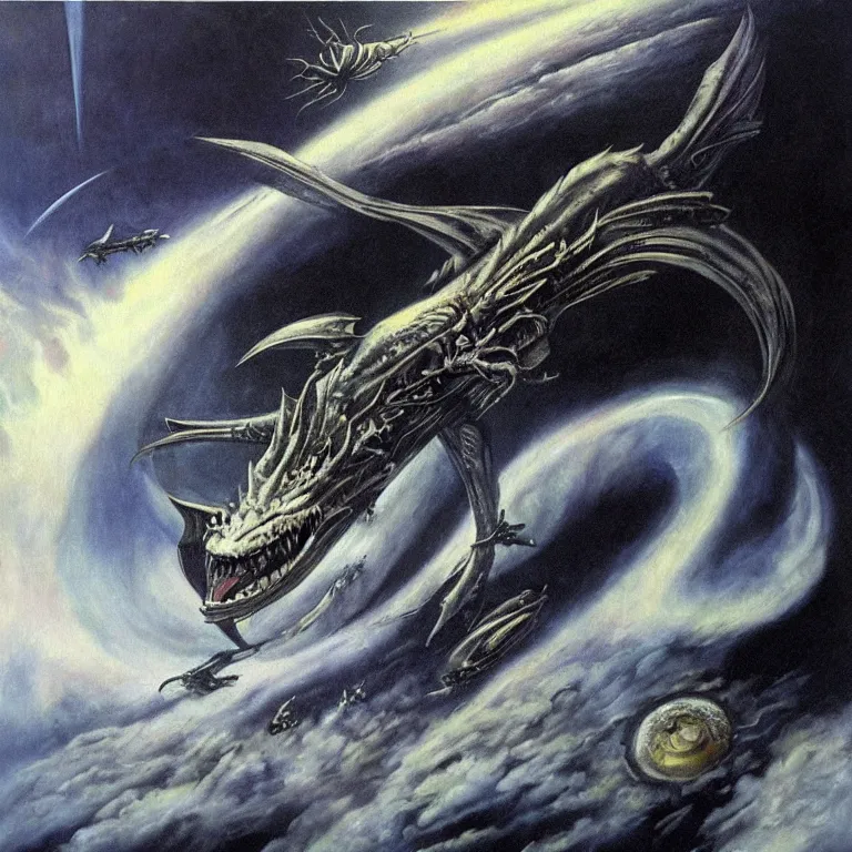 Image similar to painting by h. r. giger, menacing dragon soaring above the clouds, blackhole sun, dark undertones, exodus of the stars