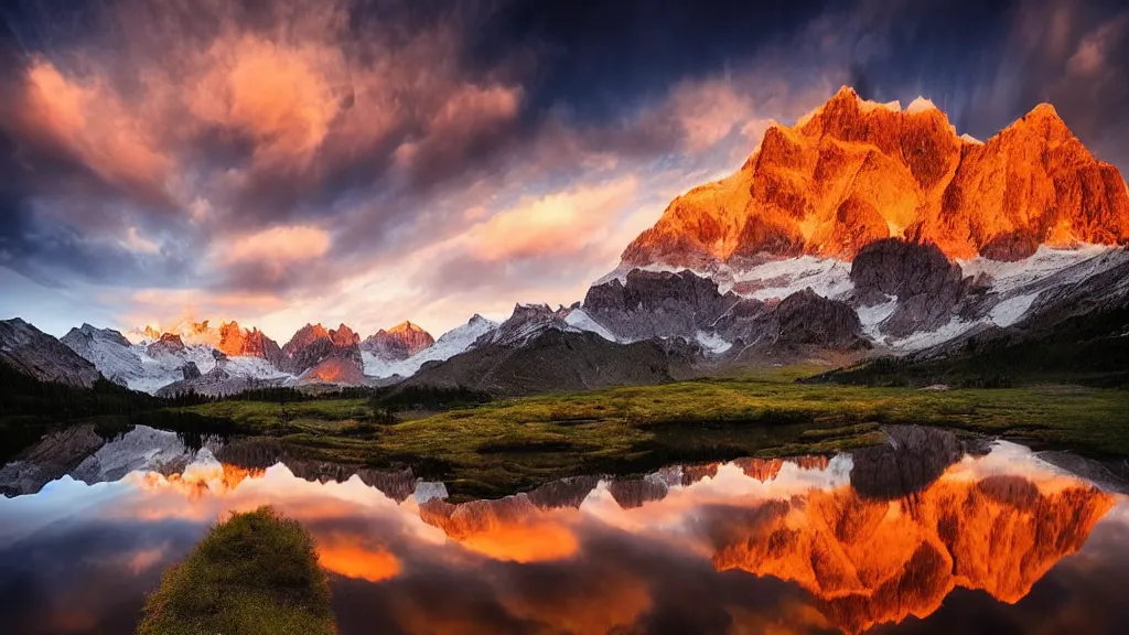 Image similar to amazing landscape photo of mountains with lake in sunset by marc adamus, beautiful dramatic lighting