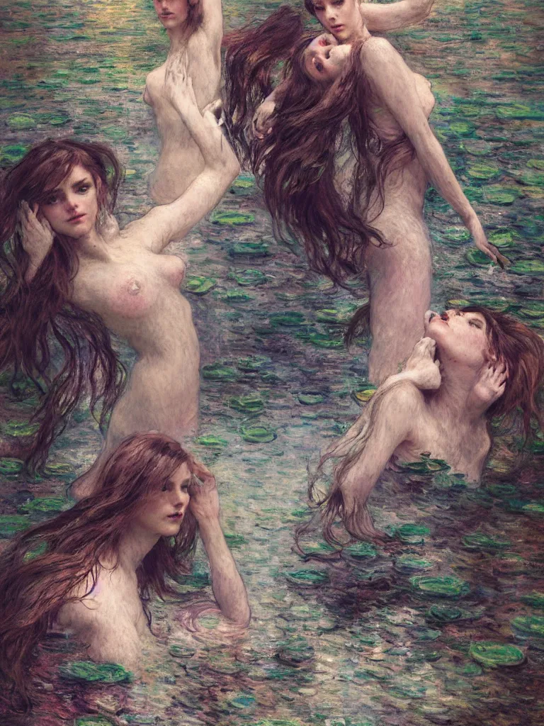 Image similar to illustration studio portrait of three dark beautiful mermaids female energy in artistic poses in the river at the forest, monet painterly motives and textures pattern, hyper detailed, octane render, vivid colors, artstation, by jeremy mann, by alphonse mucha, by monet