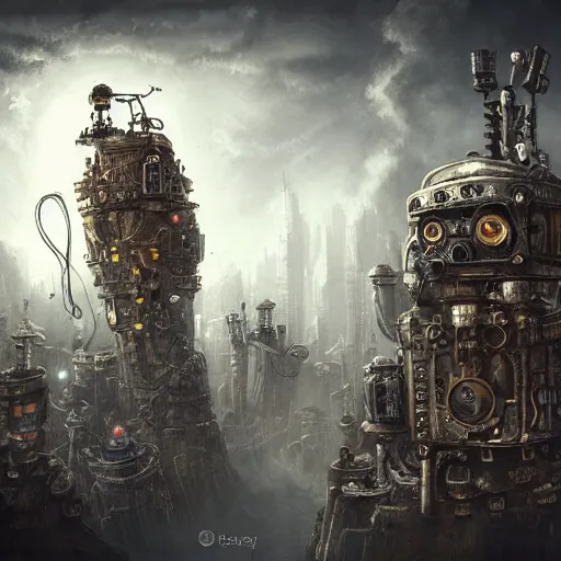 Image similar to robot city, steampunk art, fantasy style, super high detail, super high quality, talented artist, trending on artstation, machinarium