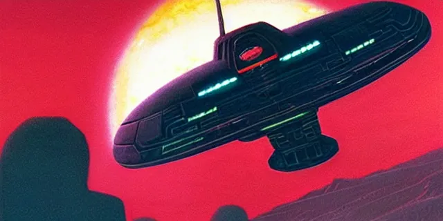 Image similar to ”retrofuturistic red spaceship flying low over the atmosphere of a green jungle planet down below with a yellow sun in the background, art by vincent di fate”