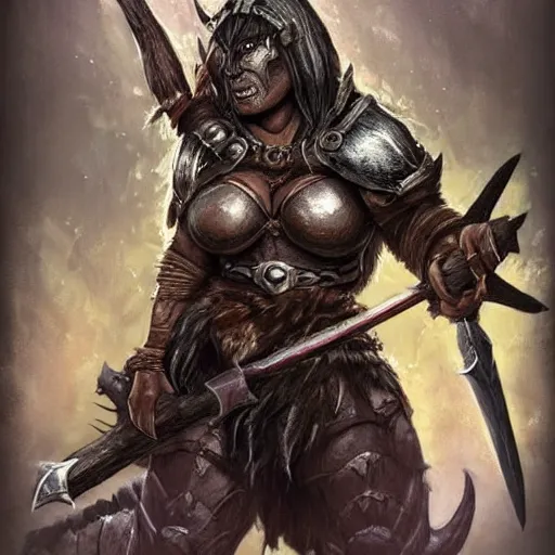 Image similar to thorkana orc woman with human features in her 5 0's, legendary soldier, high rank, mother of two boys, loving, happy, fierce, symmetrical face, green skin, dark hair with some grey, giant axe on her back, chest up portrait, dungeon's and dragon's, dark souls boss