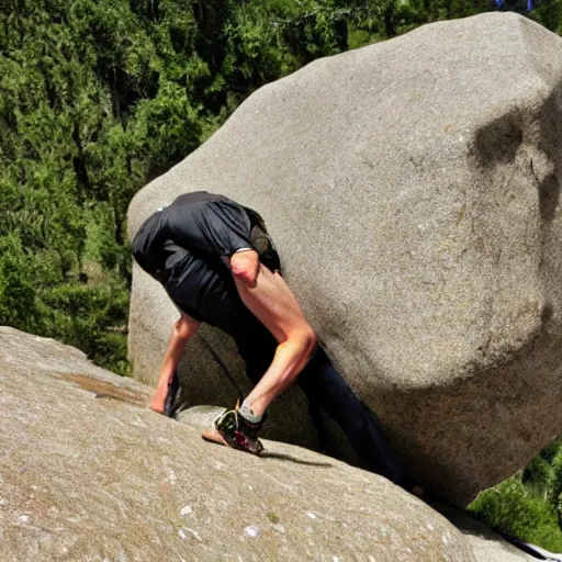 Prompt: Talgart climbing dangerous boulder and licking top.