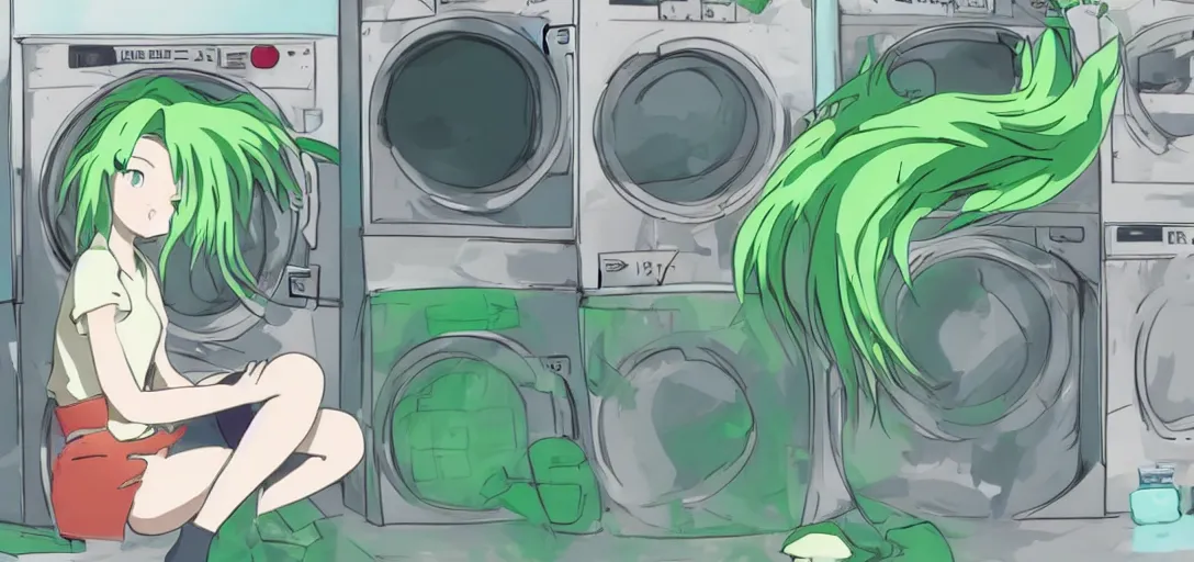 Image similar to a girl with green hair sitting on top of a washing machine inside of a laundromat by Hayao Miyazaki, anime style