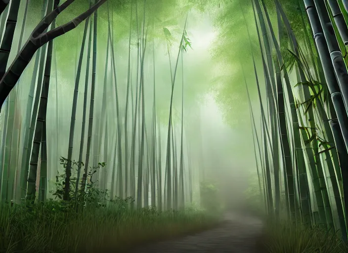 Prompt: deep in a misty japanese bamboo forest, rarely used path, rule of thirds, sunny, cartoony, anime style, soft, mid day, realistic lighting, by ghibli studio, arcane, wild rift, trending on artstation, 4 k, hd