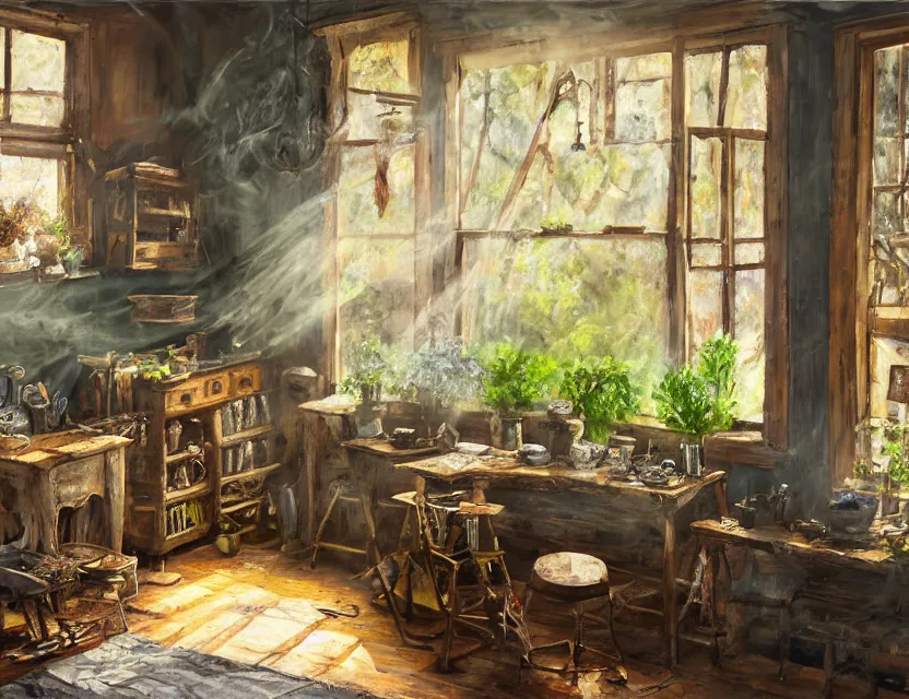 Prompt: expressive rustic oil painting, interior view of a [[cluttered]] herbalist cottage, waxy candles, burning herbs hazy, dried herbs, cabinets, wood furnishings, herbs hanging, wood chair, light bloom, dust, ambient occlusion, morning, rays of light coming through windows, dim lighting, brush strokes oil painting