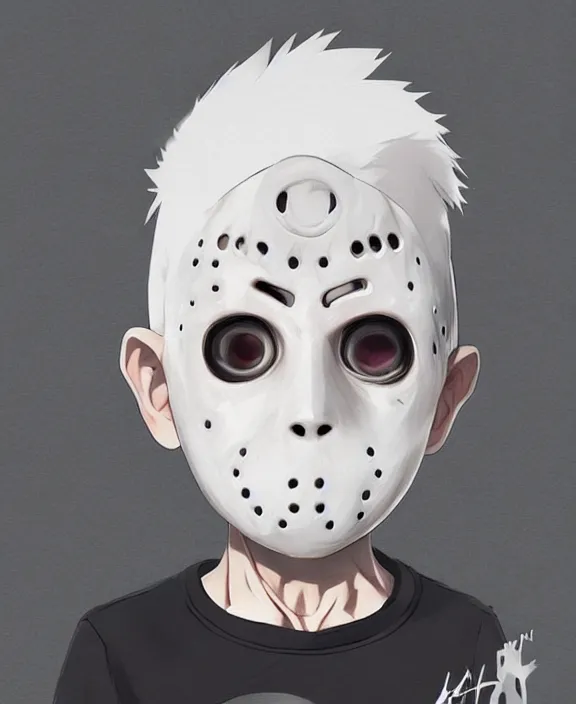 Prompt: cute little boy with white hair anime character inspired by jason voorhees, art by rossdraws, wlop, ilya kuvshinov, artgem lau, sakimichan, jakub rebelka and makoto shinkai, anatomically correct, extremely coherent, highly detailed, sharp focus, slasher movies, smooth, very realistic, symmetrical