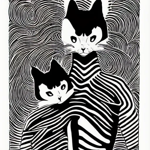 Prompt: black and white illustration creative design, two headed cat, junji ito