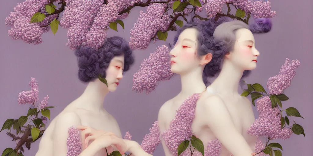 Image similar to reathtaking detailed concept art painting blend of two goddess of lilac flowers by hsiao ron cheng, vintage illustration pattern with bizarre compositions blend of flowers and plants and birds by beto val and john james audubon, exquisite detail, extremely moody lighting, 8 k