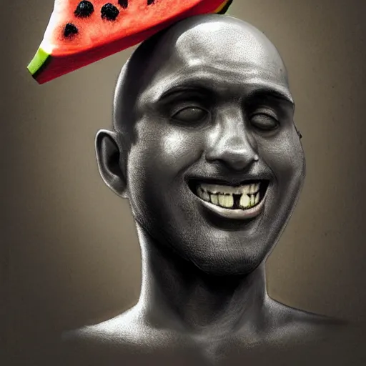 Image similar to front portrait of a goofy looking neutral emotion black guy with a watermelon fruit helmet that covers only the top of his head by greg rutkowski