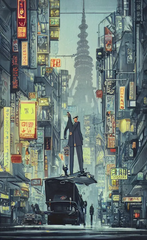 Prompt: a tall man standing next to a huge car in a street, tokyo city in the background, people walking in the distance, reflections on wet streets, dieselpunk style, steampunk, architecture by francois schuiten, beautiful illustration, painting, clean lines, digital art, symmetric, colorful retro futurism, artstation, plein air, game art, isometric