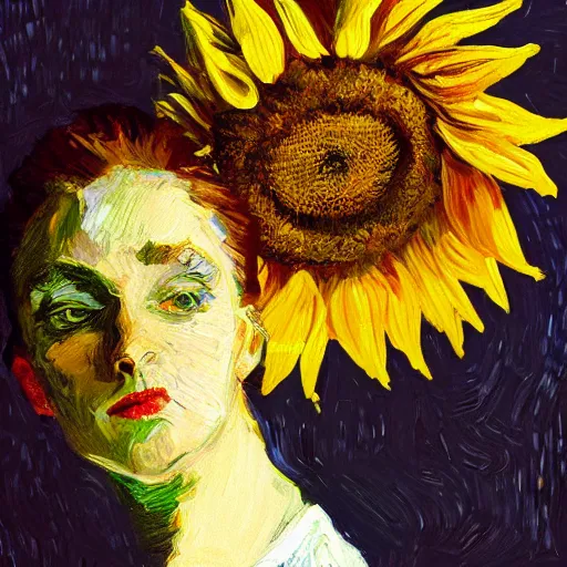 Image similar to giant sunflower head, woman in a luxury apartment, surreal, dramatic light, impressionist painting, digital painting, artstation, van gogh