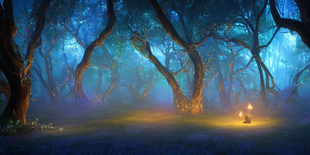 Prompt: beautiful view of a nightime magical forest, winding branches, magical sparkling fairy dust, unreal engine, dramatic lighting, ultra detailed, sharp, anti - aliasing, ambient occlusion, slight bloom, volumetric light, light rays, raytracing, vibrant, vivid colors, 3 d artstation render, by noah bradley and jordan grimmer