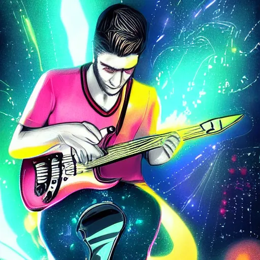 Image similar to a guitarist playing so intensely there is electricity shooting out from his guitar, energy beams under his finger tips, and magic sparkles from the freboard, amazing ditial art, trending on artstation, featured on deviantart