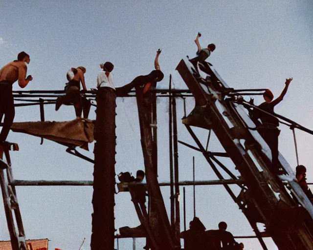 Image similar to lomo photo of roofjumpers climbing on roof of soviet hrushevka, small town, cinestill, bokeh, out of focus